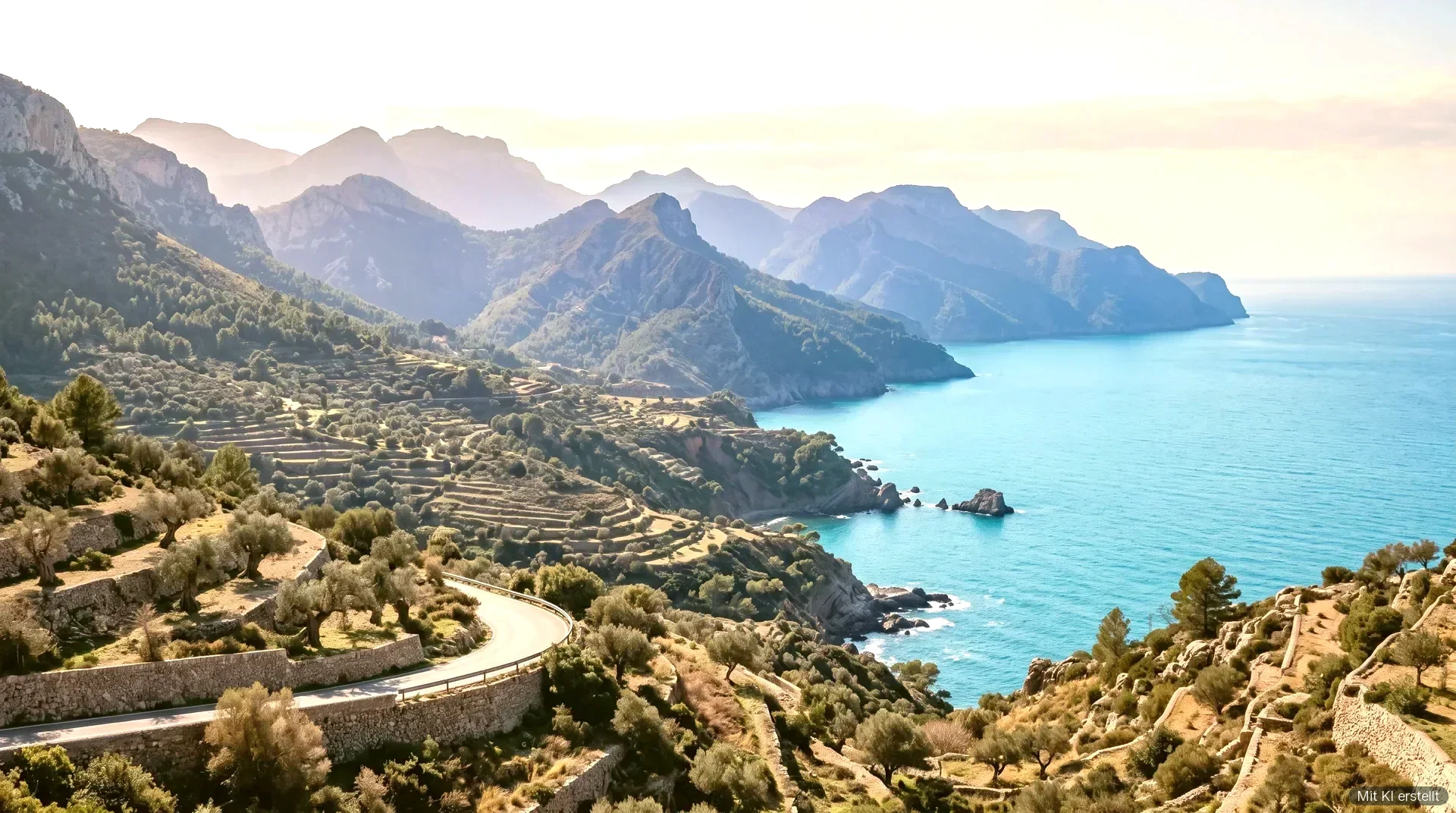 Küste der Tramuntana auf Mallorca mit Terrassen, Olivenbäumen und einer Bergstraße über dem Meer