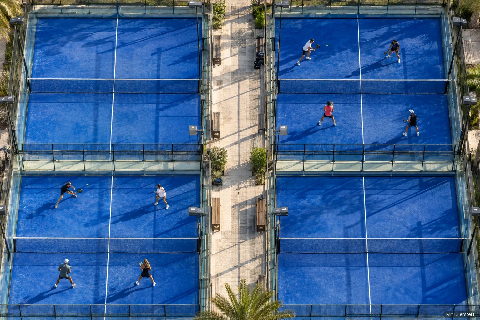 Four padel courts from the air, with play on two of them